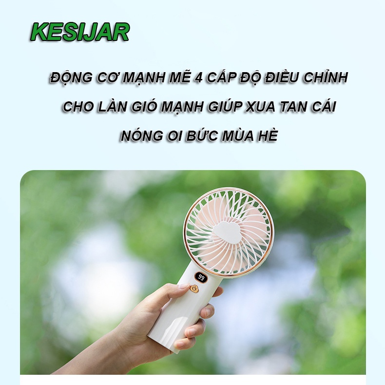 Quạt cầm tay mini kẹp bàn KESIJAR K5 sạc pin tích điện 10.00mAh, sử dụng liên tục 12 giờ, cổng sạc USB 5V/1A, 5 mức gió