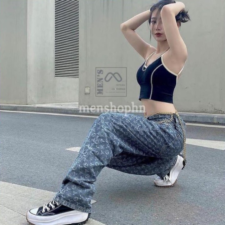 (CÓ SẴN - ẢNH THẬT) Quần Jean Baggy Nữ In Họa Tiết LV 3sao - Quảng Châu Cao Cấp - Quần LV ống suông rộng - POLOMENS