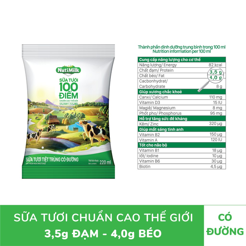  Thùng 48 bịch NutiMilk Sữa tươi 100 điểm có đường bịch fino 220ml/bịch