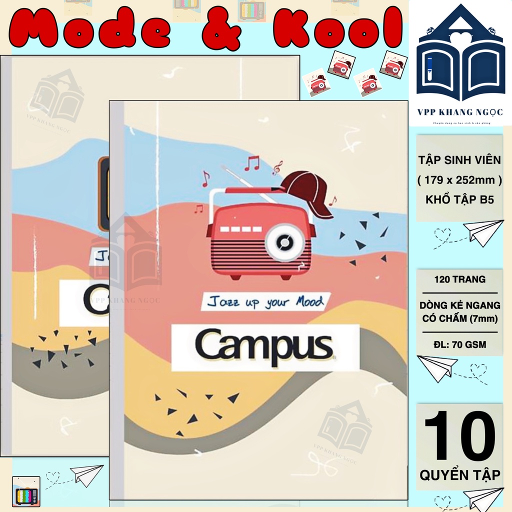 Lốc 10 Quyển Vở - Tập Sinh Viên Kẻ Ngang Có Chấm 120 Trang - Campus Mode And Kool, ĐL 70Gsm Khổ B5
