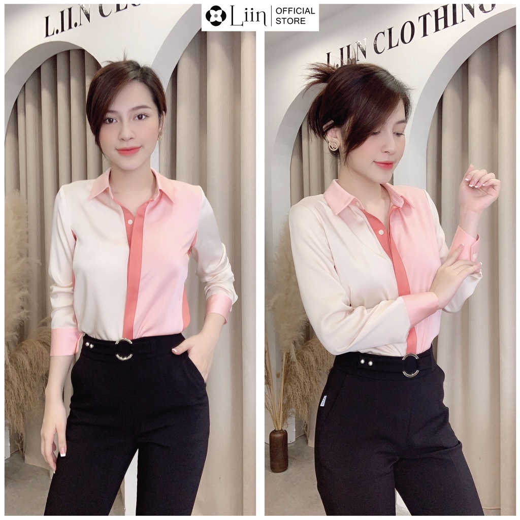 Áo Sơ Mi nữ dài tay chất liệu Lụa mix màu Hồng cách điệu kiểu dáng thời thượng Liin Clothing SM3751