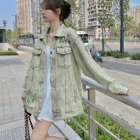 Áo khoác denim ZHELIHANGFEI dáng rộng họa tiết thêu phong cách cổ điển thời trang