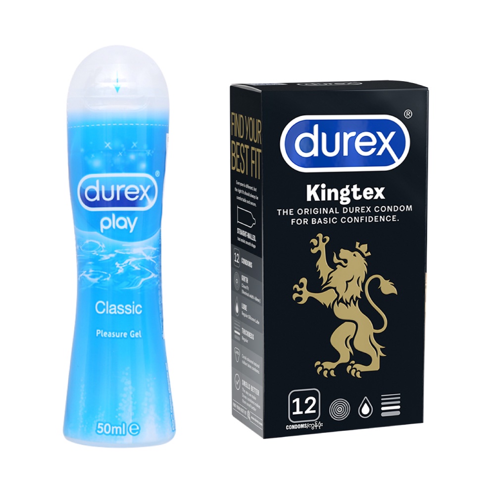 Bộ 1 hộp bao cao su Durex Kingtex ôm sát (size 49mm, 12 bao/hộp) và 1 chai Gel bôi trơn Classic gốc nước 50ml