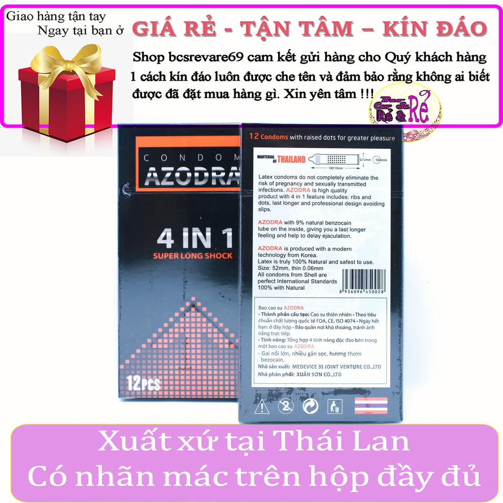 Bao Cao Su 4 IN 1 GÂN, GAI, MỎNG, KÉO DÀI QUAN HỆ Azodra - Hộp 12 cái