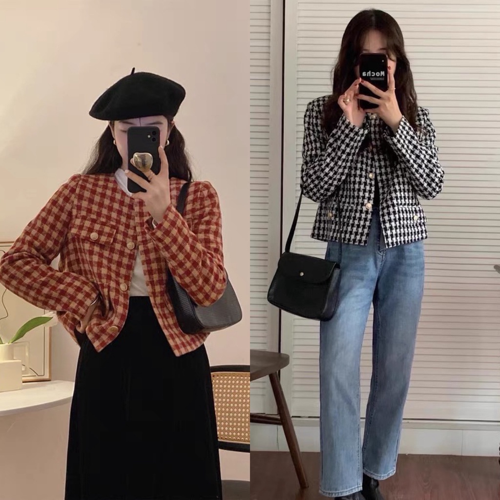 Áo khoác dạ tweed đỏ đen dáng ngắn họa tiết răng sói phối cúc (có ảnh thật)