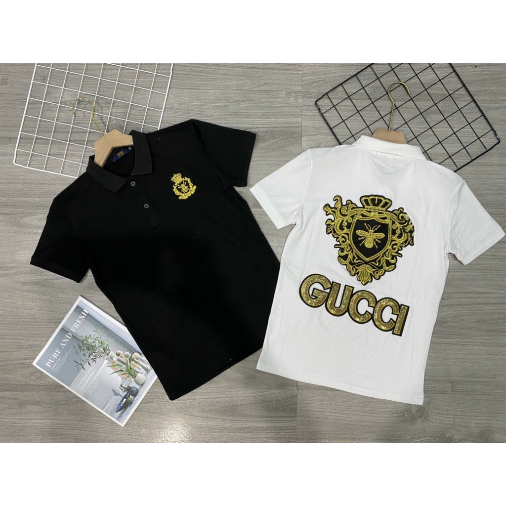 Áo thun nam ngắn tay cổ trụ kim sa hoa tiết GUCCI thêu con ong