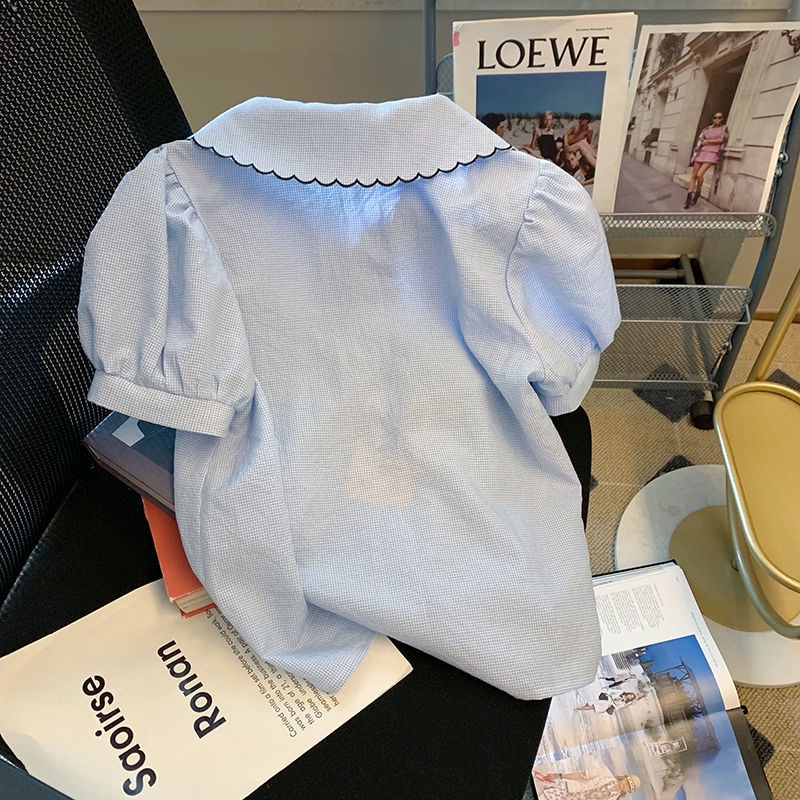 Áo Sơ Mi Ngắn Tay Cổ Búp Bê Phối Ren Màu Xanh Dương Thời Trang Mùa Hè Mới Cho Nữ