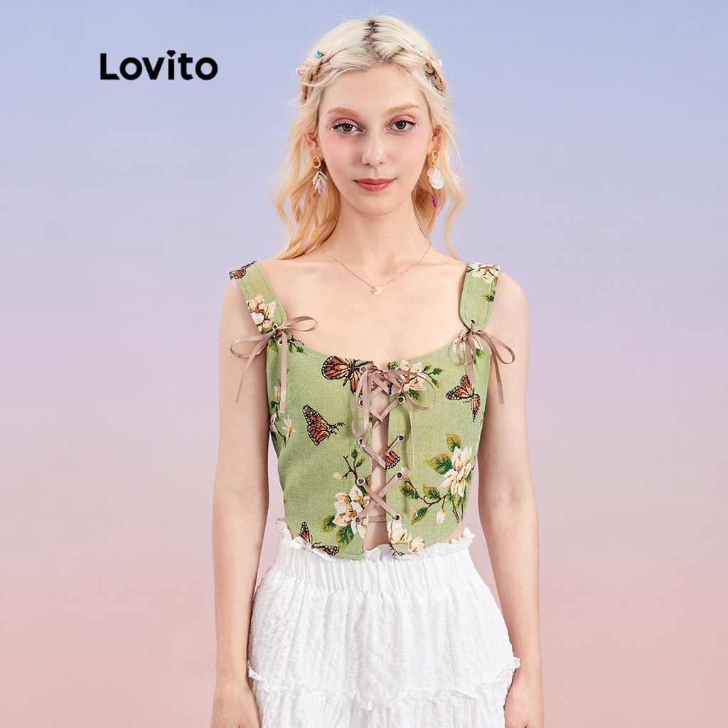 Áo tank top Lovito họa tiết hoa cột dây khoen phong cách dễ thương vintage L30AD054 (màu xanh lá nhạt)