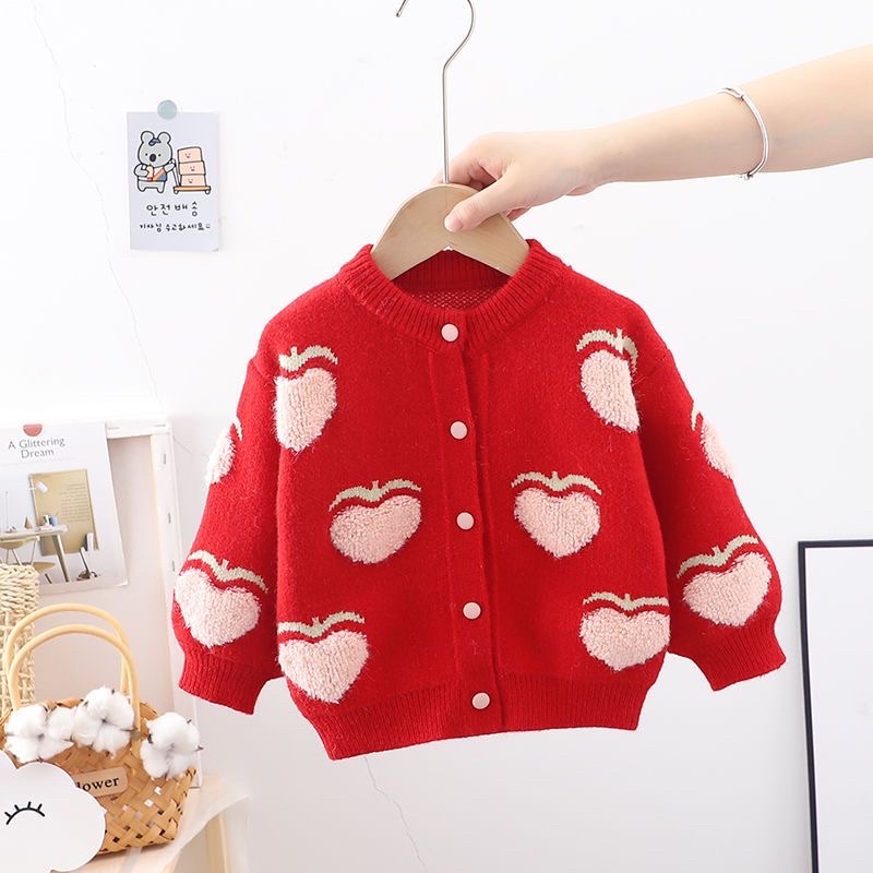 Áo khoác len cardigan bé gái, chất len dày dặn đanh chắc,mịn ấm, họa tiết quả đào dễ thương