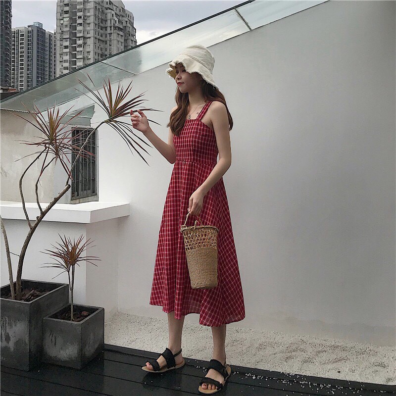 Váy Kẻ 2 Dây Nhún Ngực Vintage ❤️freeship ❤️ ảnh thật | BigBuy360 - bigbuy360.vn