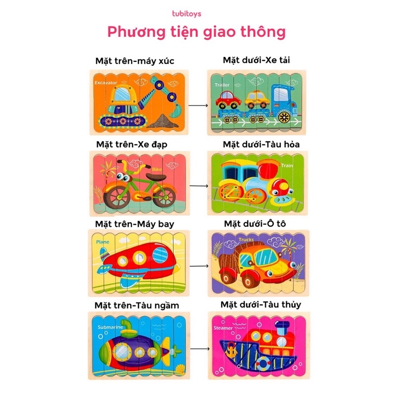 Đồ chơi ghép hình que kem siêu đẹp in 2 mặt sắc nét, Xếp hình gỗ trí tuệ TUBITOYS