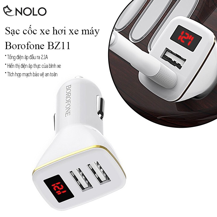 Cốc Sạc Nhanh Dành Cho Xe Hơi Xe Máy 2 USB Borofone Model BZ11 Có Đèn Led Đo Điện Áp Thực Tổng Điện Áp Đầu Ra 5V 2.1A
