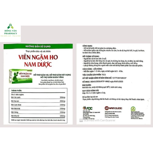Một vỉ kẹo ngậm ho Nam Dược - giảm ho ,khản tiếng, rát họng (1 hộp 4 viên)