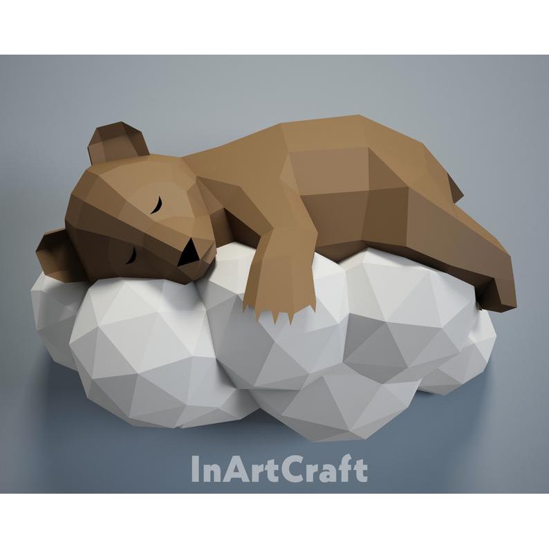 Bộ Kit Mô hình giấy 3D Gấu ngủ trên mây trang trí nhà cửa, shop thời trang