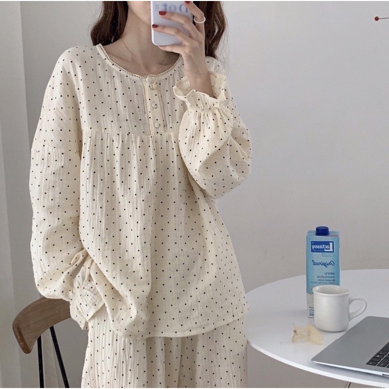 [SẴN] Bộ ngủ xô muslin hoạ tiết chấm bi tay bo tiểu thư | BigBuy360 - bigbuy360.vn