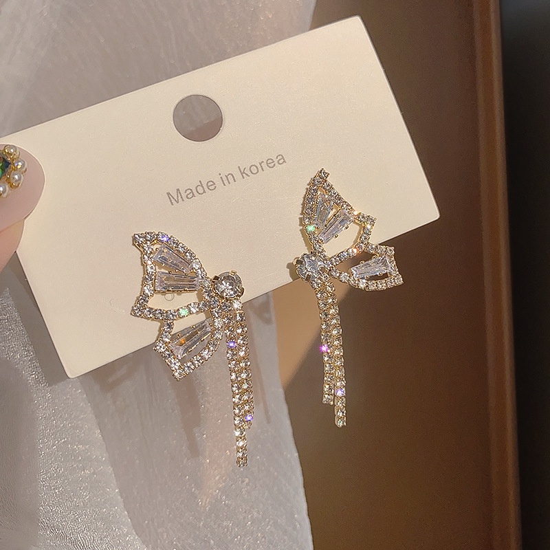 Bông Tai Tua Rua Dáng Dài Hình Bướm Đính Đá zircon Phong Cách Hàn Quốc Thời Trang Cho Nữ