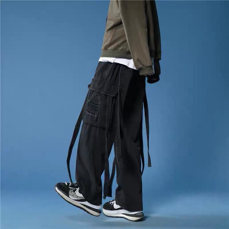 Quần Jean Dài Dáng Rộng Phối Dây Ruy Băng Cá Tính Phong Cách Hip-Hop Đường Phố Cho Nam