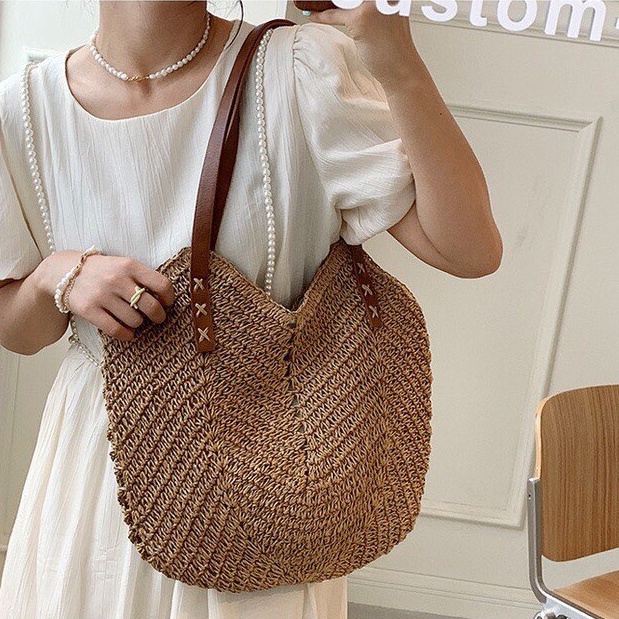 Túi cói Tote hình trái tim - dây da đeo vai - phong cách Vintage (mẫu mới)