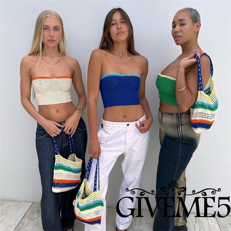 GIVEME-Women Summer Knit Tube Tops, Strapless Back Tie-Up Sleeveless Slim Show Navel Tops