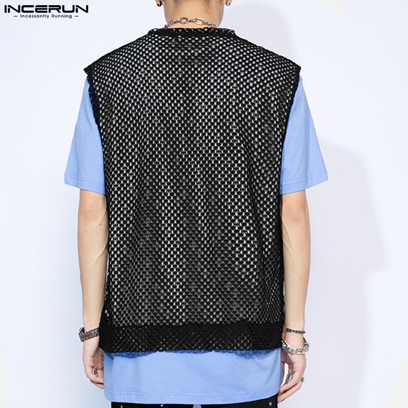 Áo thun ba lỗ INCERUN cổ chữ V màu đen phối lỗ thời trang dành cho nam