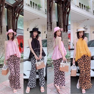 🎉SALE🎉 SET ÁO YẾM VÀNG CỘT DÂY NƠ HỞ LƯNG - QUẦN BEO ỐNG SUÔNG RỘNG CÓ TÚI [ Hình trải sàn ảnh chụp thật ]