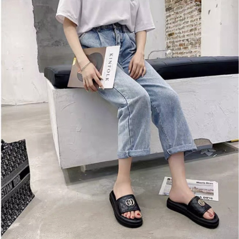 Dép nữ bánh mì/quai ngang đính GG, đế đúc nguyên khối cao 3cm-1000020