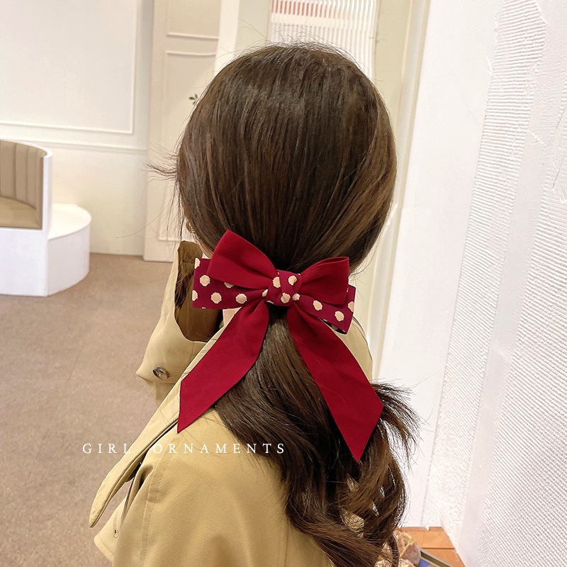 Kẹp buộc nơ đỏ chấm bi dịp Noel - Tết, cặp tóc nữ đẹp thời trang Filibra phụ kiện tóc CT037