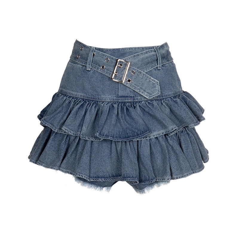 Y2k Chân Váy Jean Mini Giả Hai Lớp Diềm Xếp Nếp Eo Cao Chống Chói Mắt Trẻ Trung Cho Nữ