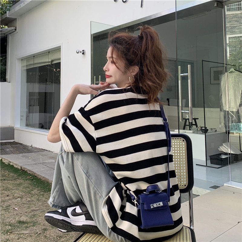 Áo thun SUXI ngắn tay cổ tròn họa tiết kẻ sọc trắng đen phong cách vintage dễ phối đồ thời trang mùa hè