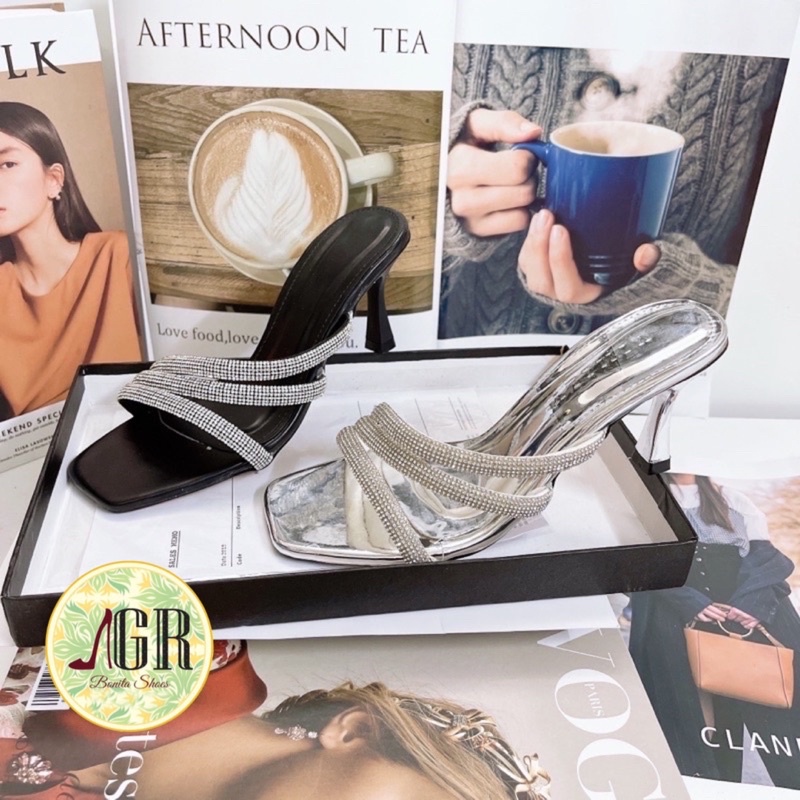 Guốc 3 quai xéo đá tròn da mềm gót nhọn 6 cm