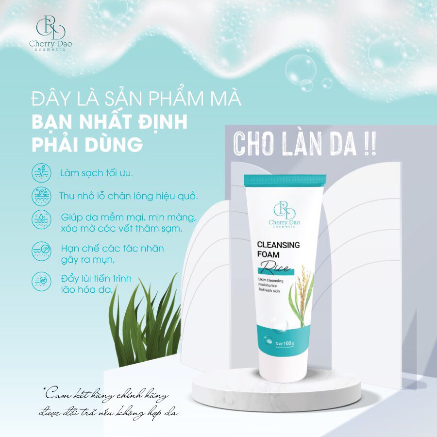Sữa rửa mặt cám gạo sạch sâu se khít lỗ chân lông, giảm mụn chống lão hóa da trắng mịn tươi trẻ CRD Cherry Đào Net:100g