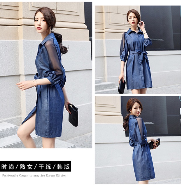 Đầm denim cổ sơ mi phối lưới cao cấp thắt eo size M L hàng y hình