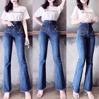 Quần bò loe nữ cạp cao xanh đậm co giãn tốt