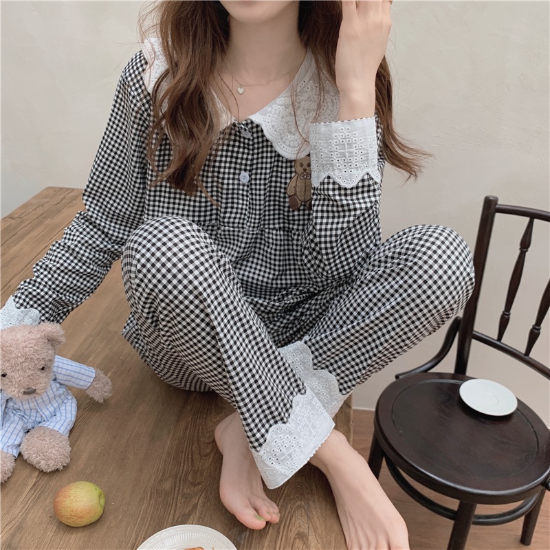 Bộ đồ ngủ pijama dài tay kẻ sọc ren mặc ở nhà mùa thu và mùa đông Hàn Quốc