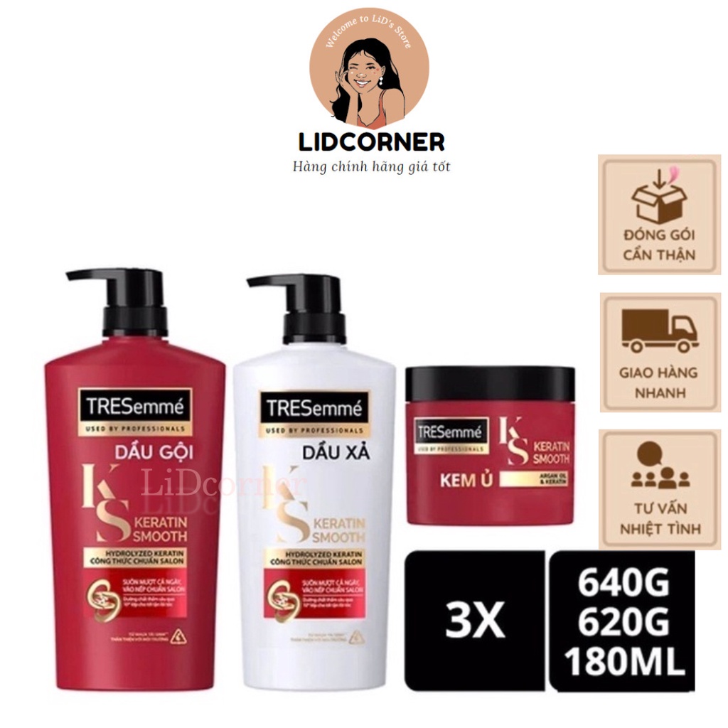 Combo Gội 640g, Xả 620g &amp; Ủ 180ml Tresemme Keratin Smooth Với Dầu Dưỡng Tóc Argan &amp; Keratin Vào Nếp Suôn Mượt