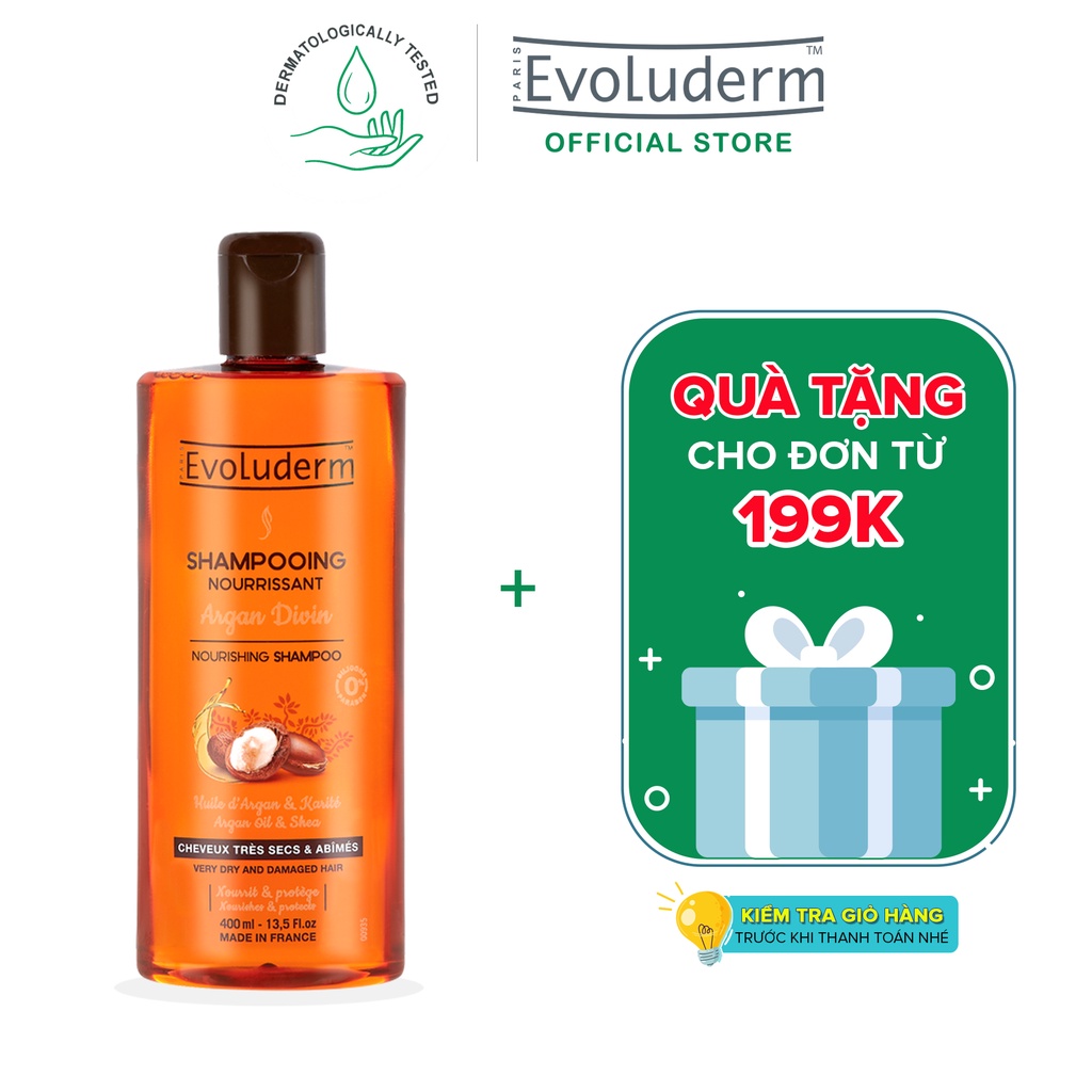 Dầu gội dành cho tóc rất khô và bị hư tổn Evoluderm Shampoing Nourrissant Argan Divin 400ml-17306