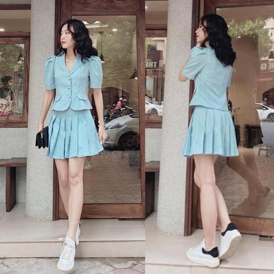 Bộ vest nữ kèm chân váy xếp ly siêu xinh, cổ sam, tay ngắn phong cách Hàn Quốc, có nhiều màu | BigBuy360 - bigbuy360.vn