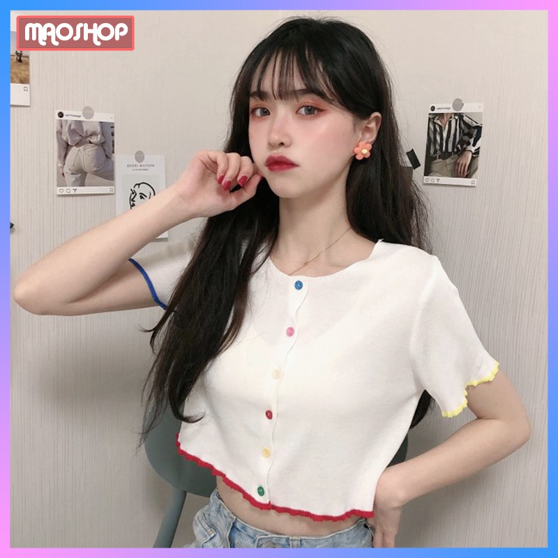 Áo croptop len tăm Maoshop khuy thật ngắn tay ulzzang Hàn Quốc C31 - MaoMao