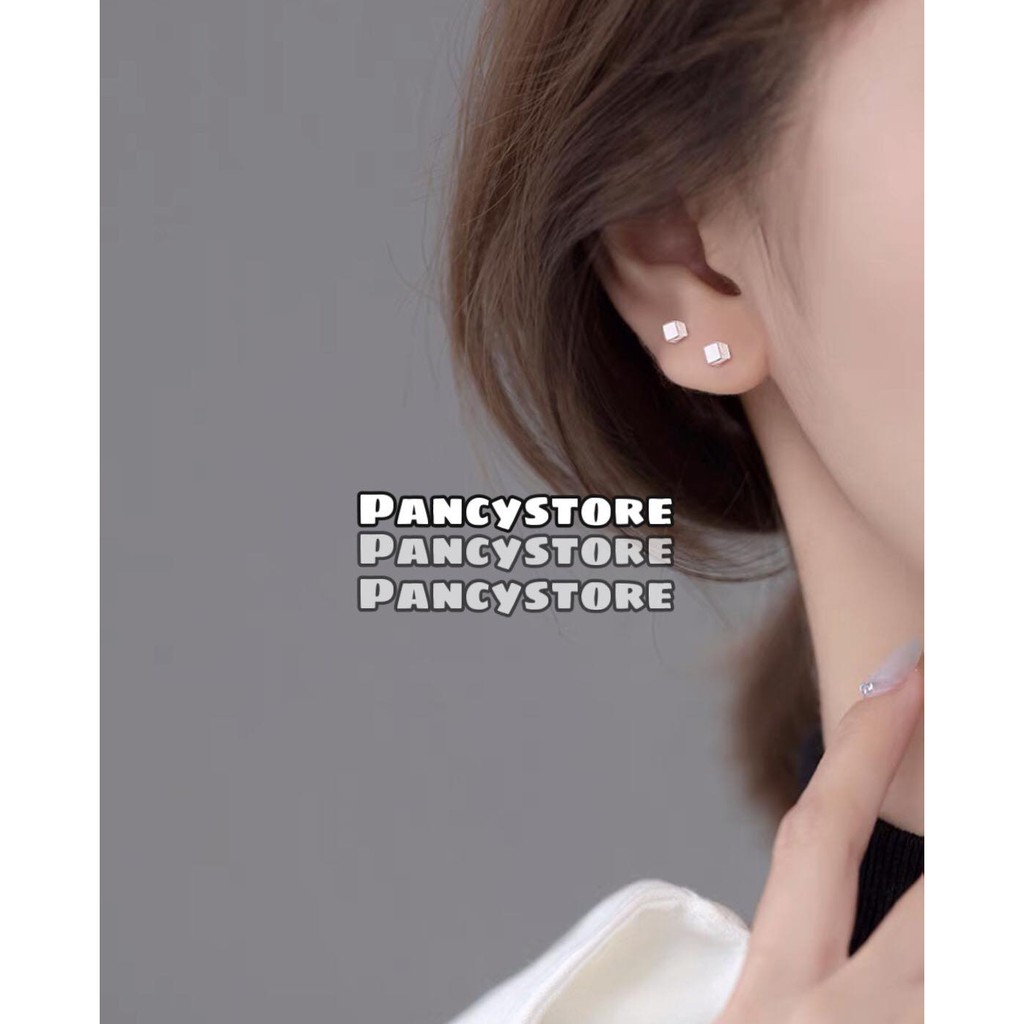 khuyên tai ô vuông khối xi bạc s925