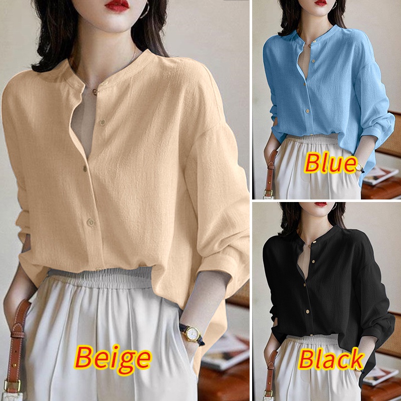 ZANZEA Áo Thun Tay Dài Cổ Tròn Màu Trơn Cài Nút Đơn Giản Thời Trang Đường Phố Cho Nữ