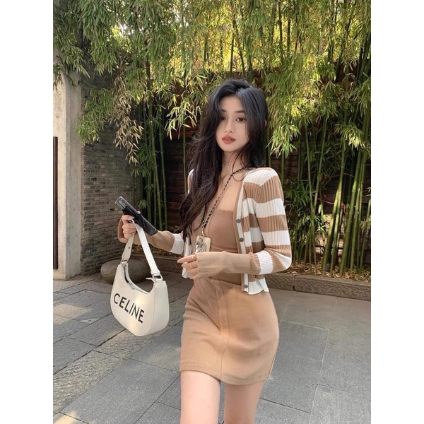 set áo dài sọc &amp; váy len dây body mix màu (M165#)