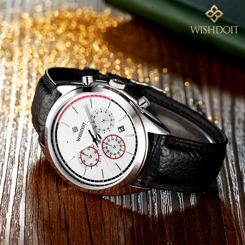 Đồng hồ thạch anh thể thao WISHDOIT dây da ba mắt bấm giờ hiển thị lịch có dạ quang thiết kế màu đen