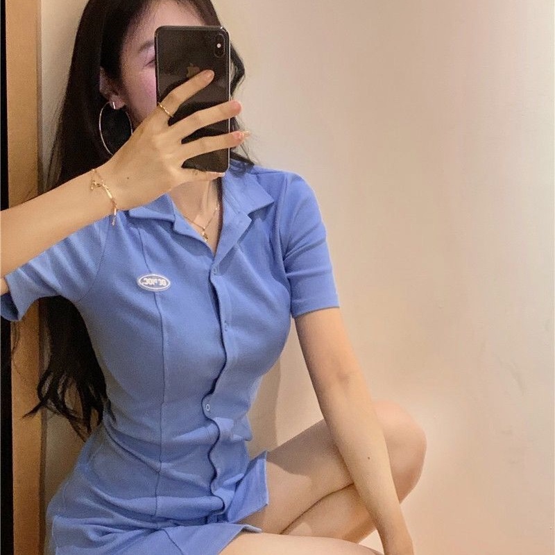 COZOK Đầm Cổ polo Ôm Eo Phong Cách Hàn Quốc