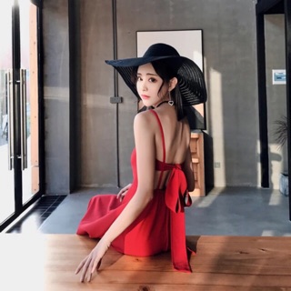 Váy maxi hai dây đi biển hở lưng buộc nơ sau hàng Quảng Châu