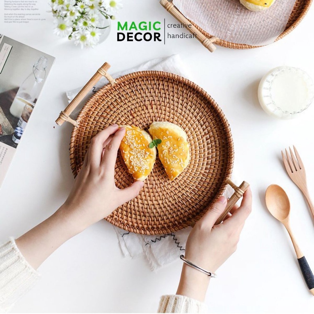Khay mây decor tay cầm gỗ đựng đồ ăn, bánh mỳ decor trang trí, đi dã ngoại MAGICDECOR