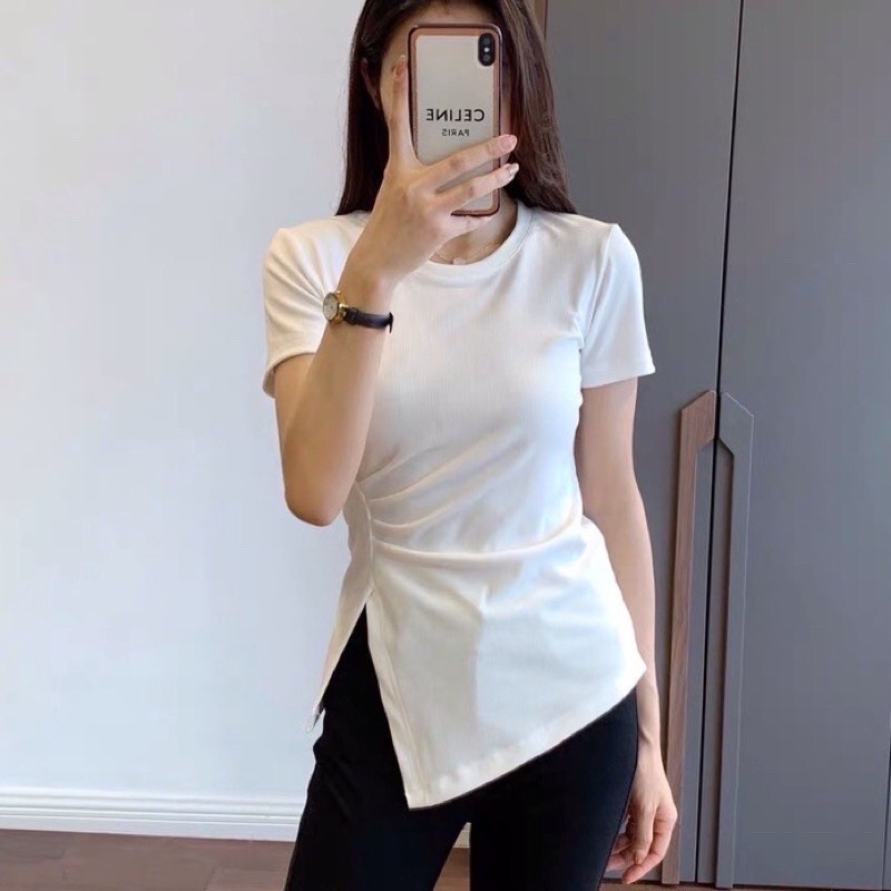 Áo thun vạt chéo rúm sườn chất thun thái co giãn mềm mịn