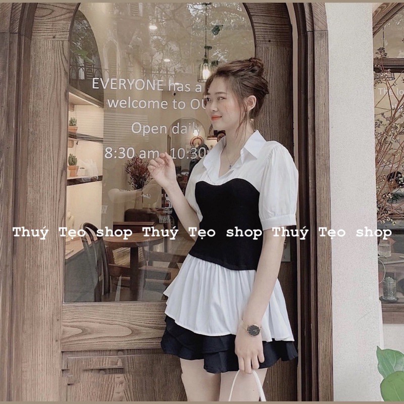 ÁO SƠ MI KIỂU TAY CỔNG MIX ĐEN TRẮNG