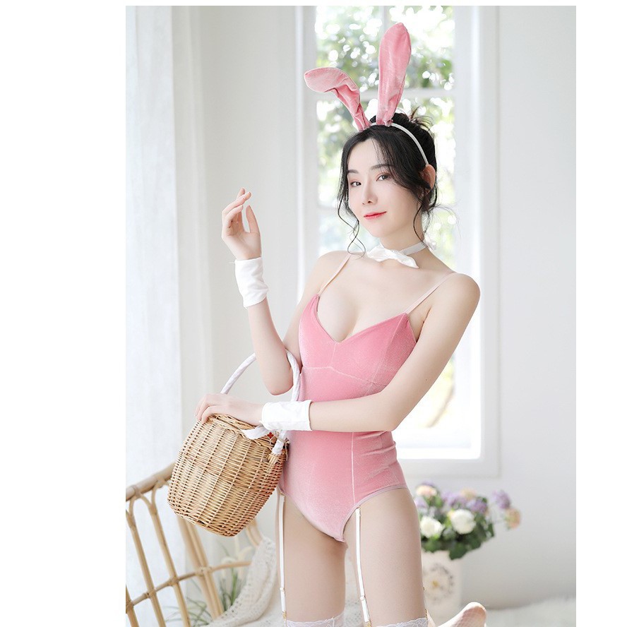Cosplay thỏ hồng sexy bunny girl - váy ngủ 2 dây bodysuit hóa trang gợi cảm Halloween đêm Giáng Sinh Noel
