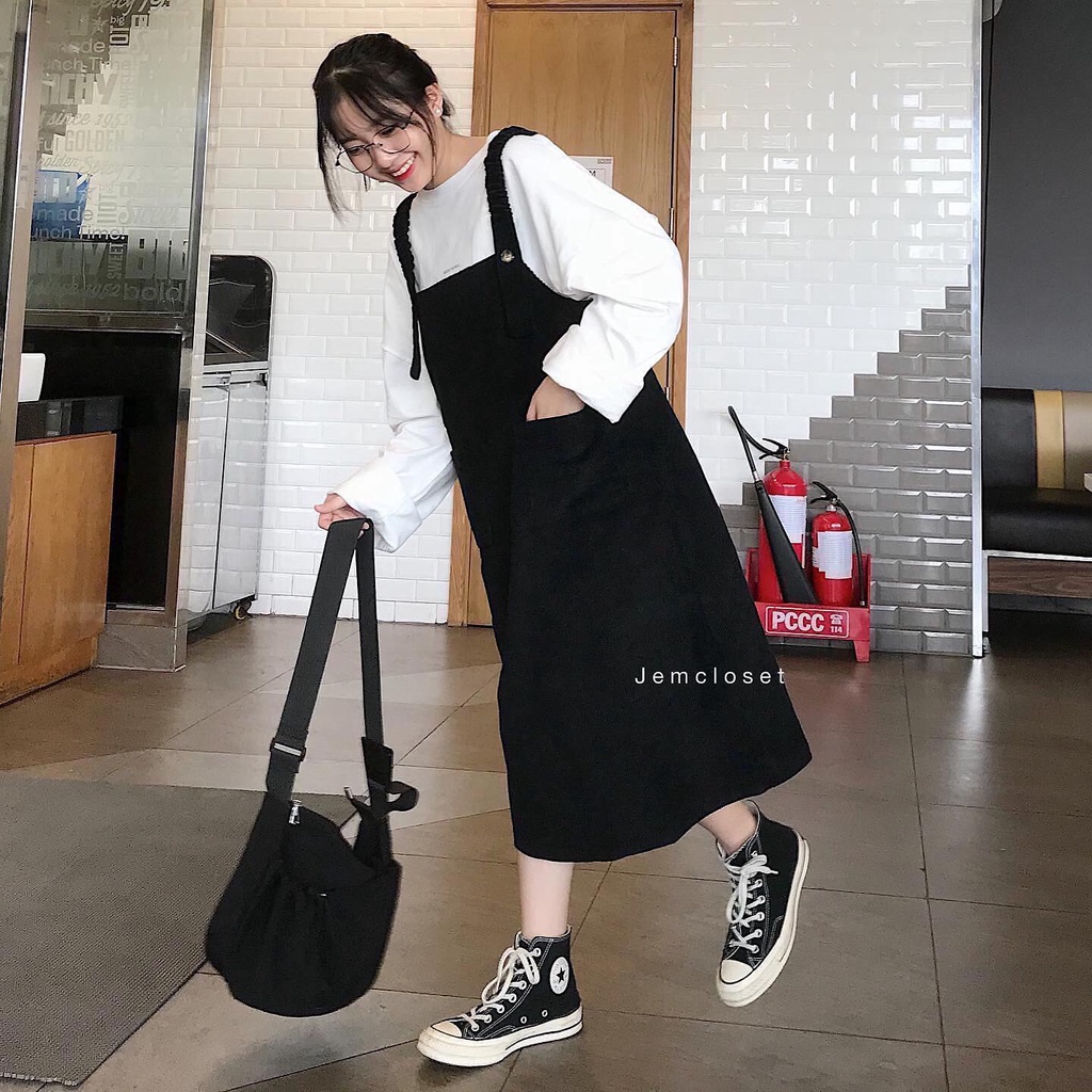 Yếm Váy Nữ Nhung Gân Dài Qúa Gối Thiết Kế Basic Thỏa Mái Có Túi 2 bên SASAN - 7152 ( Jem Closet )