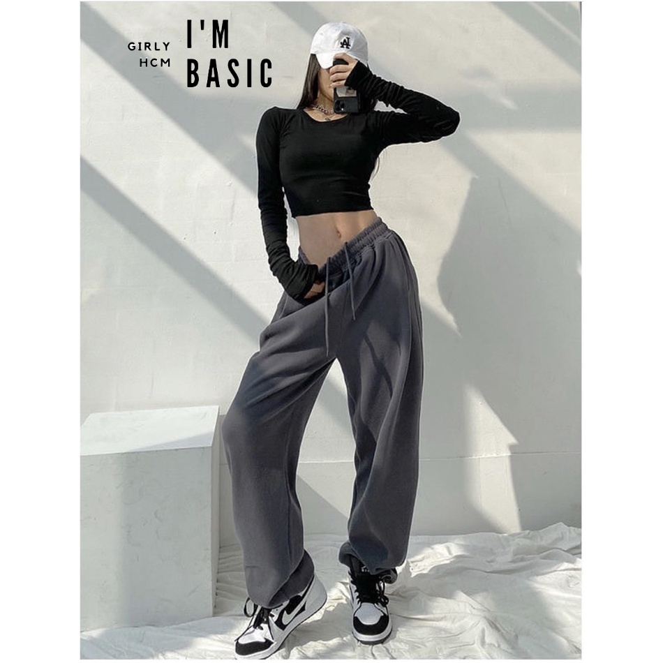 Quần Jogger Ống Rộng Bo Gấu Nữ Màu Xám Quần Sweatpants Phong Cách Thể Thao Dây Rút Nỉ Tăm I'M BASIC GirlyQJG01